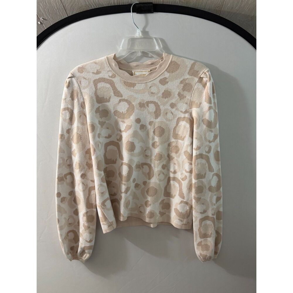Emily McCarthy Small Neutral Leopard Animal Print Knit Sweater Cream Tan S